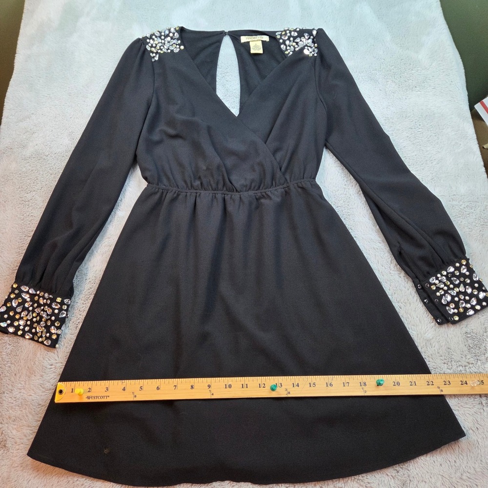 Arden B Silk Mini Dress Black Embellished Long Sleeve Womens Small Rhinestone